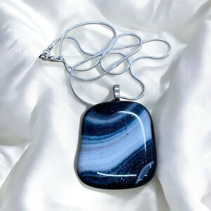 Delmarva Designs purple & white fused glass pendant w silver sparkle on chain